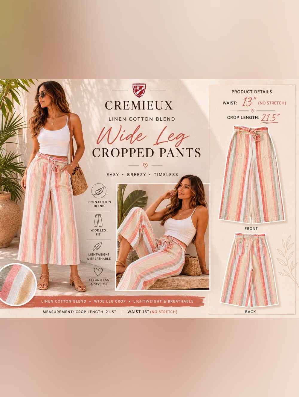Cremieux Striped Wide Leg Cotton Culottes Paperbag Waist Size 2